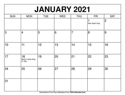 January 2021 Calendar Calendar 2021