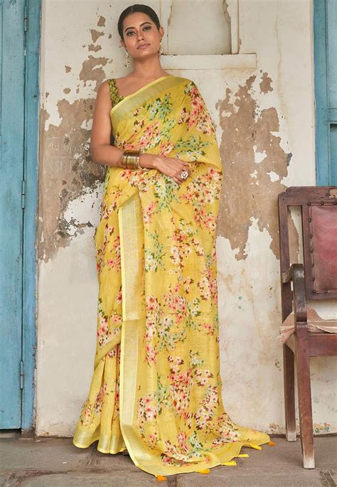 Digital Printed Linen Saree In Yellow Sff2468