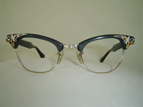 Vintage ’50’s Cateye Style Eyeglasses Grey Pearl Color W Gold And Silver Accents Plastic And