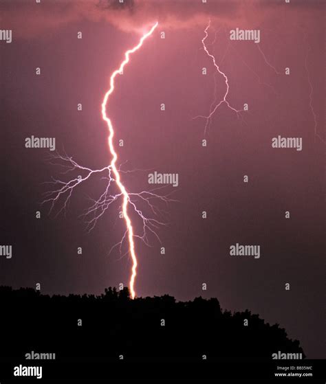 A Cloud To Ground Lightning Strike During A Severe Thunderstorm Near