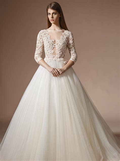Papilio Lace bodice ball gown wedding dress with three-quarter sleeves