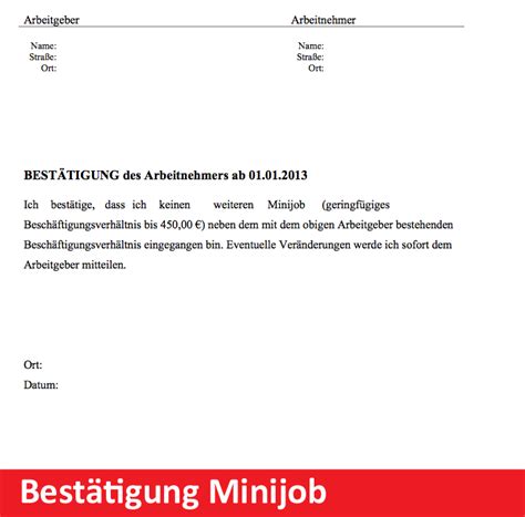 Der aufhebungsvertrag muss gewisse inhalte umfassen. Bestätigung Minijob Formular Muster Vorlage | CONVICTORIUS