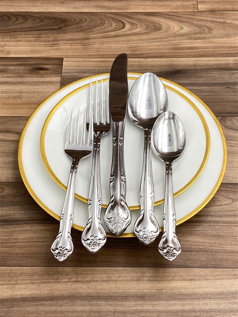Vintage Stainless Flatware Set Rose Pattern Service For 6 Classic