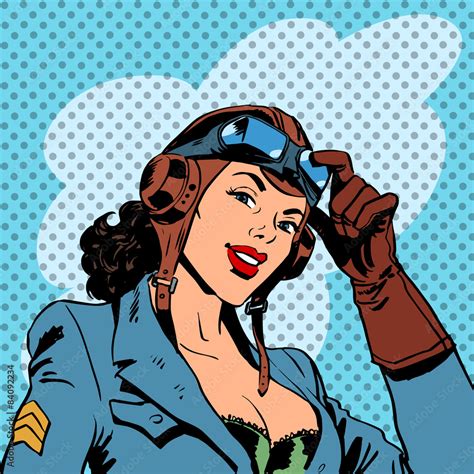 Pin Up Girl Pilot Aviation Army Beauty Pop Art Retro Stock Vector