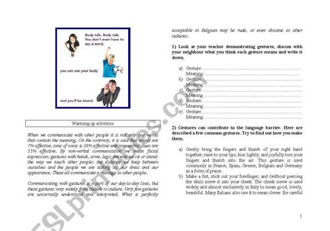 Body Language Worksheets Printable Free