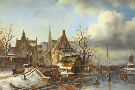 Sold Dutch Winter Scene Vintage Original Oil Painting Gold Frame L