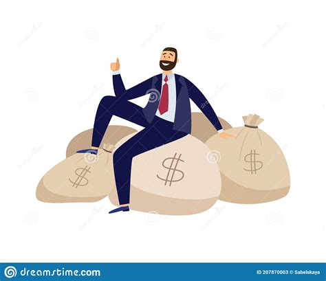 Rich Businessman Is Sitting On Bags Full Of Money A Flat Vector