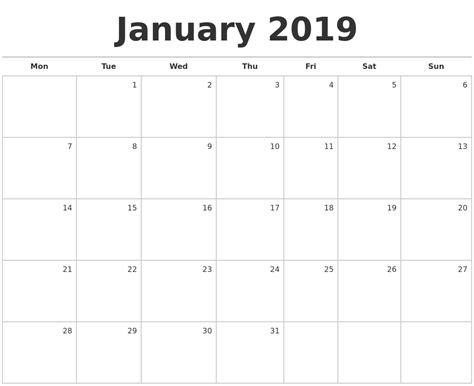 January 2019 Blank Monthly Calendar