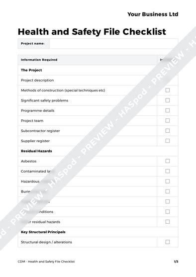 Health And Safety File Checklist Cdm Template Haspod