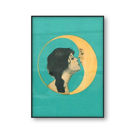 Vintage Girl Kissing Moon Canvas Art Print Man In The Moon Art Decor Antique Moon Face Wall Art