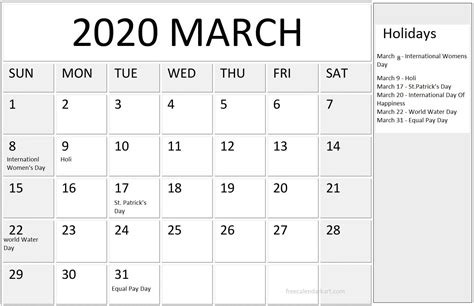March 2020 Holidays Calendar Us Holiday Calendar March Holidays Read
