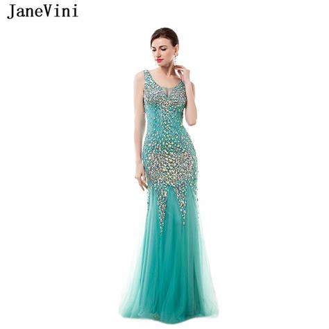 janevini 2018 sexy mermaid tulle long bridesmaid dresses v neck luxurious prom dress crystal