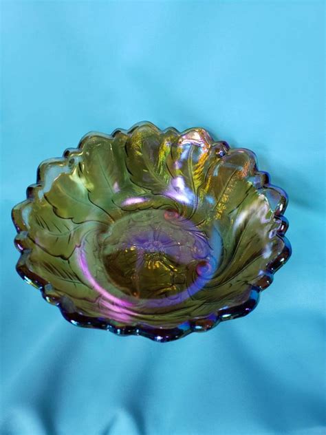 Amber Iridescent Carnival Glass Bowl Leaf Pattern Indiana Etsy