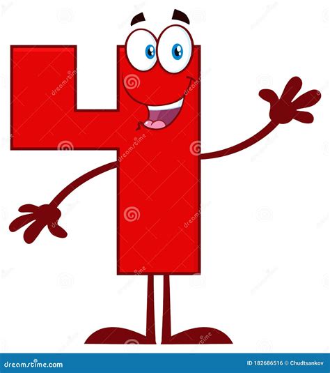 Happy Red Number Four Cartoon Mascot Character Waving For Greeting