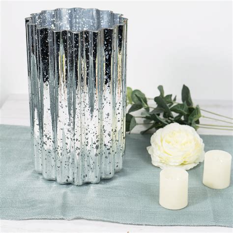 9 Silver Mercury Glass Hurricane Candle Holder Cylinder Glass Vase With Wavy Design