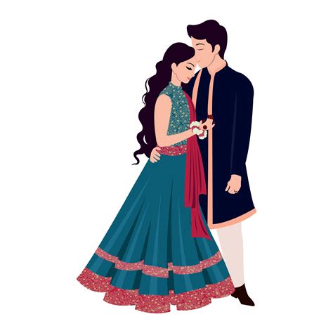 Vector Vector Cute Indian Couple Cartoon In Traditional Dress Posing For Wedding Invitation Card