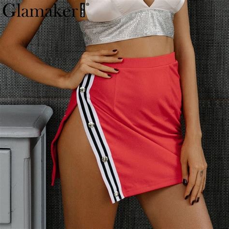 Glamaker Sexy Side Split Mini Skirt Women Bottom Casual Stripe Pencil Skirt Female Streetwear
