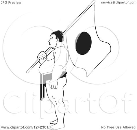 Clipart Of A Black And White Sumo Wrestler Holding A Japanese Flag