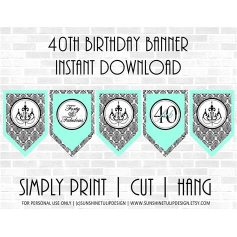 Printable 40th Birthday Aqua And Black Damask Banner Sunshinetulipdesign
