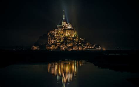 Wallpaper Night Reflection Mont Saint Michel Evening Tower