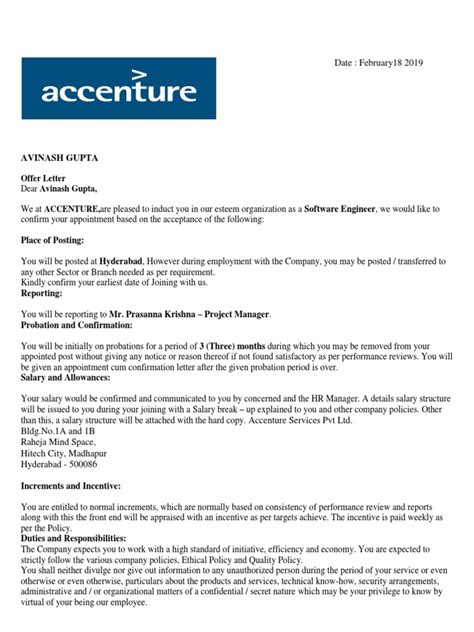 Accenture Offer Letter Converted Employment Government Information