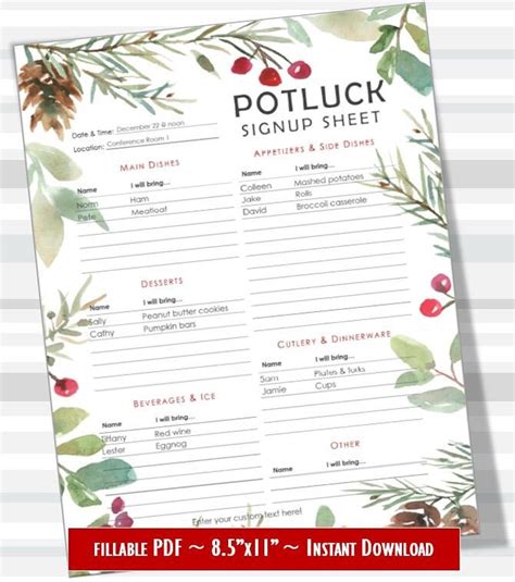 Printable Holiday Potluck Sign Up Sheet