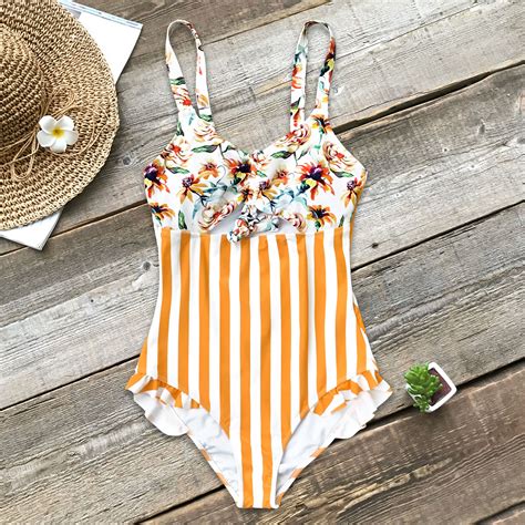 Orange Floral And Stripe One Piece Swimsuit Swimsuits Women