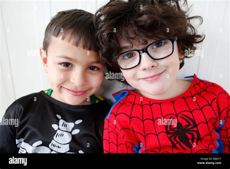 7 Year Old Boys Wearing Costumes Stock Photo Alamy