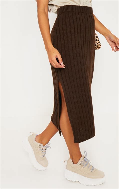 Brown Ribbed Knitted Midi Skirt Knitwear Prettylittlething Uae