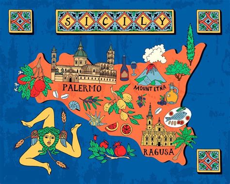 Illustrated Map Of The Italian Island Of Sicily Sicilia