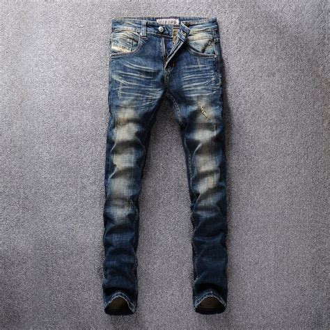 Italian Style Fashion Men Jeans High Quality Retro Blue Slim Fit Ripped