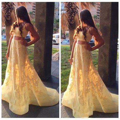 Elegant Lace Two Piece Prom Dresses Beaded Yellow Prom Dress Long