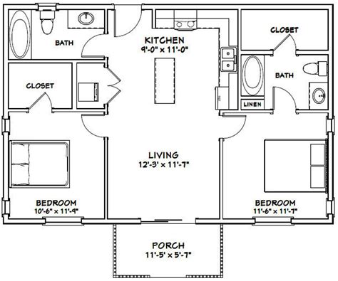 36x24 House 2 Bedroom 2 Bath 864 Sq Ft Pdf Floor Plan Instant Download