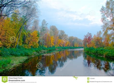 Colourful Autumn Landscape Of River And Bright Trees
