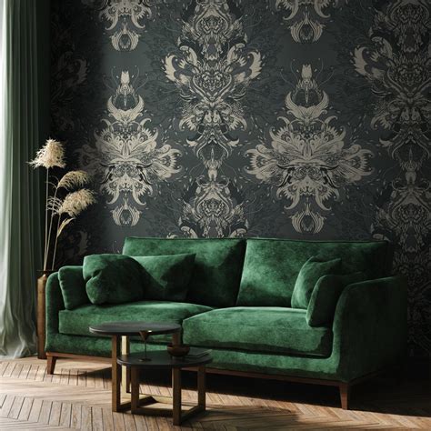 Removable Dark Green Damask Mural Victorian Wallpaper Self Etsy