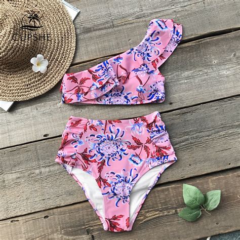 cupshe pink flora print one shoulder ruffle bikini set women high waist two pieces swimwear 2018