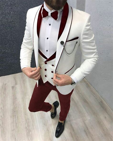 Classyby Cb5078 Ivory Wedding Tuxedos With Burgundy Lapel Groom Suits
