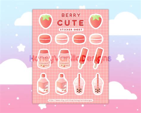 Strawberry Sticker Sheet Berry Cute Kawaii Sticker Sheets