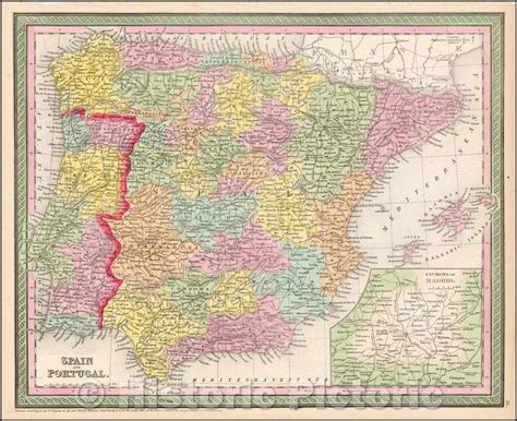 Historic Map Spain And Portugal With Inset Of Environs Of Madrid