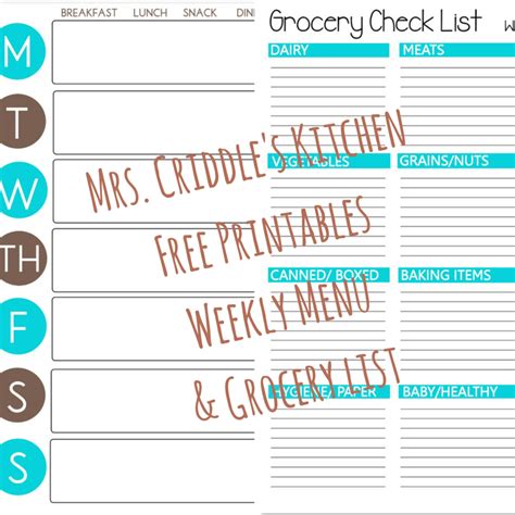Weekly Menu And Grocery List Free Printables Mrs Criddles Kitchen