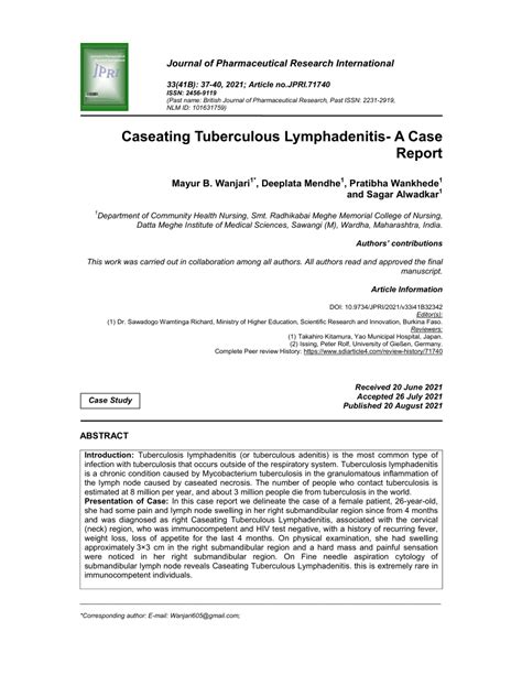 Pdf Caseating Tuberculous Lymphadenitis A Case Report