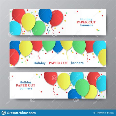 Horizontal Banners With Balloons And Confetti Design Paper Cut