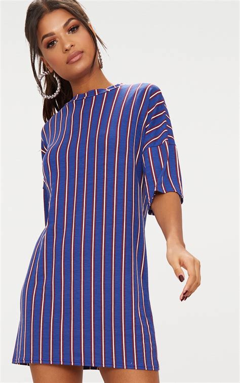 Blue Striped Oversized T Shirt Dress Prettylittlething Usa