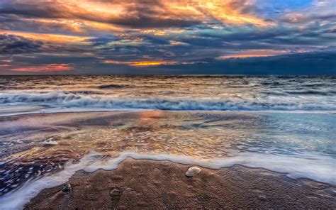 Wallpaper Sunlight Sunset Sea Rock Shore Sand Sky Clouds