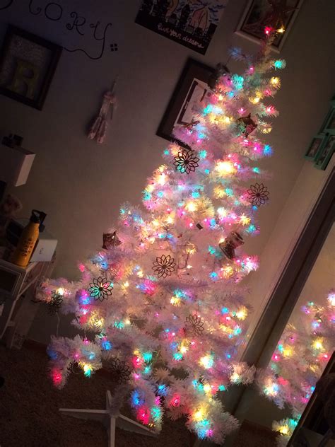 The Christmas Tree In My Room White With Multi Colored Lights And Gold