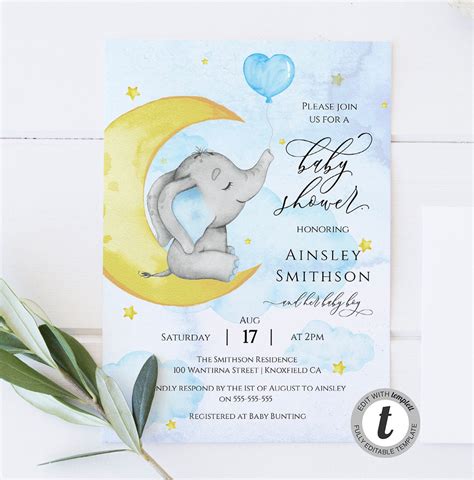 Elephant Baby Shower Invitation Editable Invite Baby Boy Etsy
