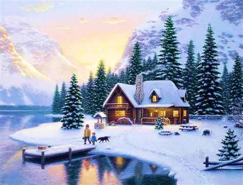 Winter At The Lake Snow Cottage Mountains Pier Trees Artwork Hd