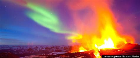 Icelandic Volcano Fimmvörðuháls Erupts Against Aurora