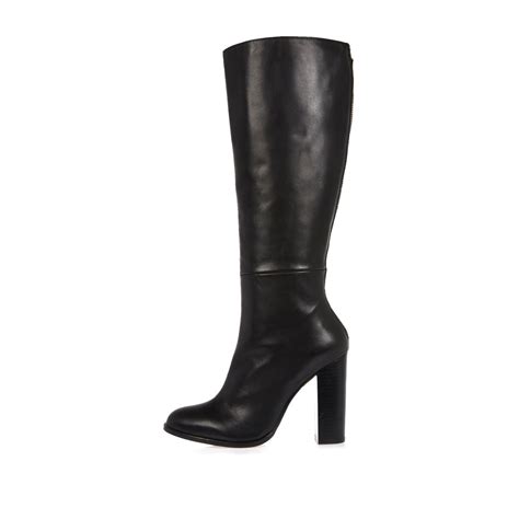 River Island Black Leather Knee High Heeled Boots Lyst