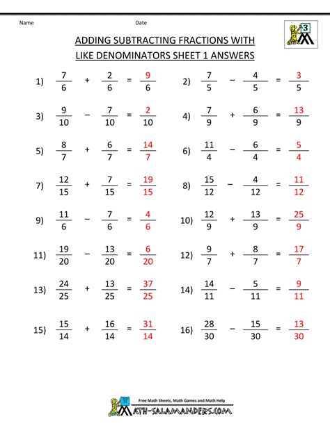 Adding Fractions Worksheet With Answers